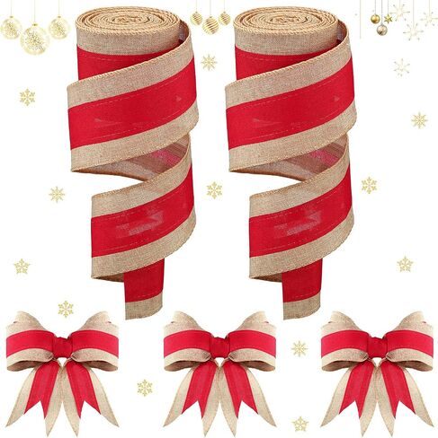 Lyrow 2 Rolls Christmas Burlap Ribbons Red Burlap Wired Ribbon for Present Wrap, Bows, Wreath, Garland, Present Basket, Christmas Tree Streamers DIY Crafts 2.5 Inch x 12 Yards in Saudi Arabia