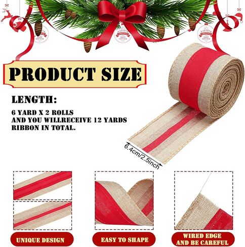 Lyrow 2 Rolls Christmas Burlap Ribbons Red Burlap Wired Ribbon for Present Wrap, Bows, Wreath, Garland, Present Basket, Christmas Tree Streamers DIY Crafts 2.5 Inch x 12 Yards in Saudi Arabia