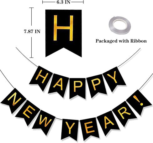 لافتة رأس السنة الجديدة السعيدة من KALOR، علامة رأس السنة الجديدة السعيدة باللون الأسود لديكورات رأس السنة الجديدة السعيدة 2024 ديكورات حفلات رأس السنة الجديدة in Kuwait