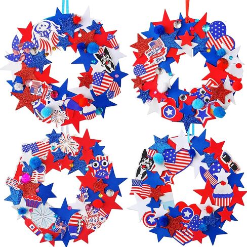 Winlyn 12 Sets 4th of July Craft Kits Patriotic Crafts DIY Patriotic Wreath Signs Ornaments Decorations Art Sets Red White Blue Star USA Flag Pinwheel Foam Stickers Arts and Crafts for Kids Activities in Saudi Arabia