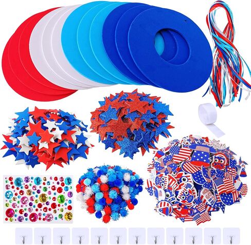 Winlyn 12 Sets 4th of July Craft Kits Patriotic Crafts DIY Patriotic Wreath Signs Ornaments Decorations Art Sets Red White Blue Star USA Flag Pinwheel Foam Stickers Arts and Crafts for Kids Activities in Saudi Arabia