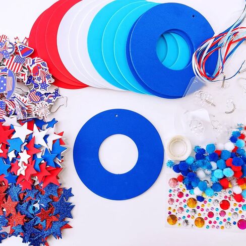 Winlyn 12 Sets 4th of July Craft Kits Patriotic Crafts DIY Patriotic Wreath Signs Ornaments Decorations Art Sets Red White Blue Star USA Flag Pinwheel Foam Stickers Arts and Crafts for Kids Activities in Saudi Arabia