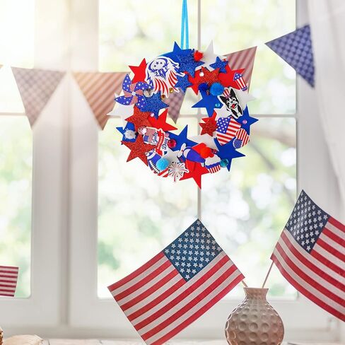 Winlyn 12 Sets 4th of July Craft Kits Patriotic Crafts DIY Patriotic Wreath Signs Ornaments Decorations Art Sets Red White Blue Star USA Flag Pinwheel Foam Stickers Arts and Crafts for Kids Activities in Saudi Arabia