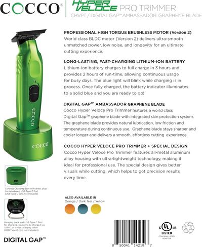 مجموعة Cocco® Hyper Veloce Pro Trimmer: أدوات التشذيب الدقيقة للمحترفين، شفرة الجرافين Digital Gap™ Ambassador، محرك DC عالي عزم الدوران، معدني بالكامل، لاسلكي (إصدار محدود باللون الأخضر) in Kuwait