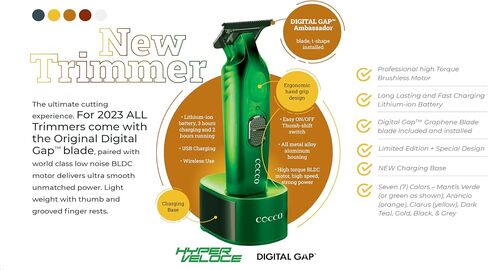 مجموعة Cocco® Hyper Veloce Pro Trimmer: أدوات التشذيب الدقيقة للمحترفين، شفرة الجرافين Digital Gap™ Ambassador، محرك DC عالي عزم الدوران، معدني بالكامل، لاسلكي (إصدار محدود باللون الأخضر) in Kuwait