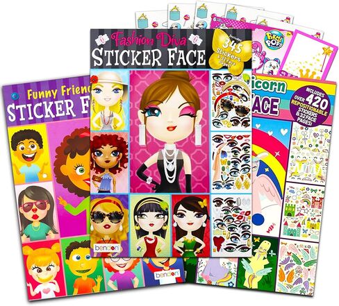 مجموعة كتب ملصقات وجه للبنات والأطفال الصغار - 3 كتب ملصقات فاخرة للوجه تتميز بتصاميم الأميرة والحيوانات الأليفة من ديفا فاشون، أكثر من 90 وجه و750 ملصق (مجموعة أنشطة ملصق الوجه) in Kuwait