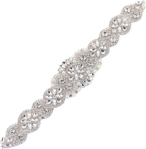 حزام الزفاف مزين بحجر الراين مع بلورات ولؤلؤ - مخيط على أو لاصق لوشاح الزفاف DIY 11.4 × 1.9 بوصة فضي Rz-011 in Kuwait