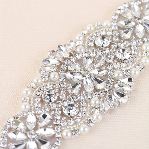 حزام الزفاف مزين بحجر الراين مع بلورات ولؤلؤ - مخيط على أو لاصق لوشاح الزفاف DIY 11.4 × 1.9 بوصة فضي Rz-011 in Kuwait