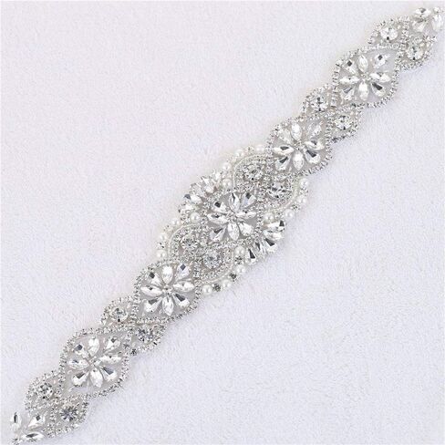 حزام الزفاف مزين بحجر الراين مع بلورات ولؤلؤ - مخيط على أو لاصق لوشاح الزفاف DIY 11.4 × 1.9 بوصة فضي Rz-011 in Kuwait