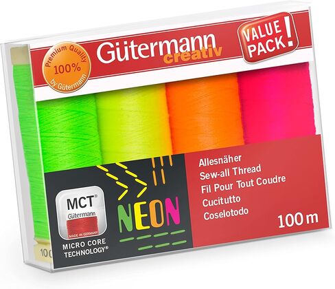 مجموعة خيوط الخياطة الإبداعية من Gütermann مع 4 بكرات خياطة - جميع الخيوط 100 متر بألوان نيون ساطعة in Saudi Arabia
