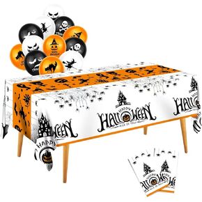 عبوتان من مفارش طاولة الهالوين المسكونة والعنكبوت مع 12 قطعة من بالونات الهالوين، مفرش طاولة خدعة أو علاج للهالوين - غطاء طاولة مستطيل للهالوين لديكورات الهالوين ومستلزمات الحفلات in Kuwait