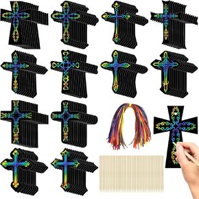 Mototo 240Pcs Scratch Cross Ornaments Rainbow Color DIY Craft Kit Scratch Paper Hanging Tags Magic Art Party Favors Sunday School Classroom Decor Supplies for Easter Sunday School Religious