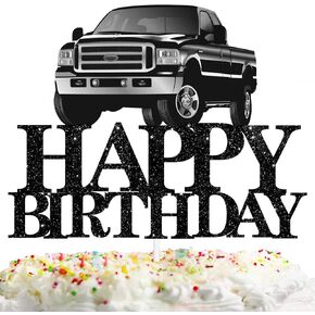 Pickup Truck Cake Topper Happy Birthday Theme Black Glitter Decor Picks for Kids Adult Birthday Party Decorations Supplies