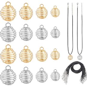 PH PandaHall Iron Crystal Holder Necklace Kit, 24pcs 3 Sizes Spiral Stone Tumbled Rock Bead Cage with 24pcs 17" Waxed Cotton Necklace Cord 50pcs Jump Rings for Lucky Charms,14/20/25mm
