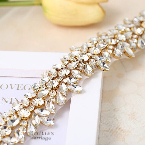 Luxury Bling Crystal Rhinestone Applique Trims 1 Yard for Bridal Belt- Gold(36.61'' x 1.38'') in Kuwait