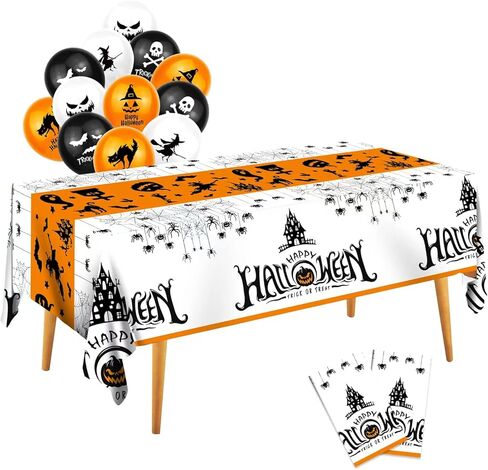 عبوتان من مفارش طاولة الهالوين المسكونة والعنكبوت مع 12 قطعة من بالونات الهالوين، مفرش طاولة خدعة أو علاج للهالوين - غطاء طاولة مستطيل للهالوين لديكورات الهالوين ومستلزمات الحفلات in Kuwait