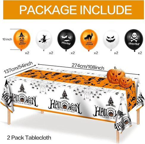 عبوتان من مفارش طاولة الهالوين المسكونة والعنكبوت مع 12 قطعة من بالونات الهالوين، مفرش طاولة خدعة أو علاج للهالوين - غطاء طاولة مستطيل للهالوين لديكورات الهالوين ومستلزمات الحفلات in Kuwait