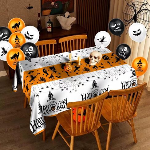 عبوتان من مفارش طاولة الهالوين المسكونة والعنكبوت مع 12 قطعة من بالونات الهالوين، مفرش طاولة خدعة أو علاج للهالوين - غطاء طاولة مستطيل للهالوين لديكورات الهالوين ومستلزمات الحفلات in Kuwait