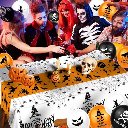 عبوتان من مفارش طاولة الهالوين المسكونة والعنكبوت مع 12 قطعة من بالونات الهالوين، مفرش طاولة خدعة أو علاج للهالوين - غطاء طاولة مستطيل للهالوين لديكورات الهالوين ومستلزمات الحفلات in Kuwait