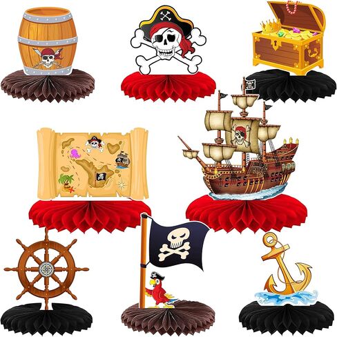 8 Pcs Pirate Honeycomb Table Centerpiece 8 Inches Hanging Paper Fans Nautical Pirate Table Party Decorations Treasure Hunt Pirate Theme Centerpiece. in Kuwait