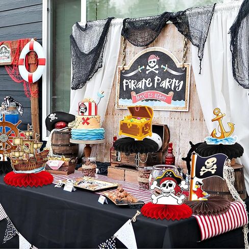 8 Pcs Pirate Honeycomb Table Centerpiece 8 Inches Hanging Paper Fans Nautical Pirate Table Party Decorations Treasure Hunt Pirate Theme Centerpiece. in Kuwait