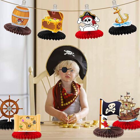 8 Pcs Pirate Honeycomb Table Centerpiece 8 Inches Hanging Paper Fans Nautical Pirate Table Party Decorations Treasure Hunt Pirate Theme Centerpiece. in Kuwait