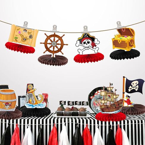 8 Pcs Pirate Honeycomb Table Centerpiece 8 Inches Hanging Paper Fans Nautical Pirate Table Party Decorations Treasure Hunt Pirate Theme Centerpiece. in Kuwait