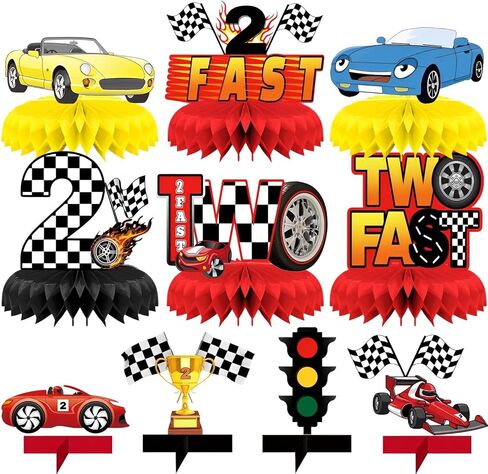 قطع مركزية لطاولة عيد الميلاد بتصميم سيارة سباق على شكل خلية النحل، 10 قطع من أغطية الطاولة ثلاثية الابعاد لاثنين من ديكورات حفلات اعياد الميلاد ذات الطابع السريع بنمط مربعات، لوازم حفلات السباق in Kuwait