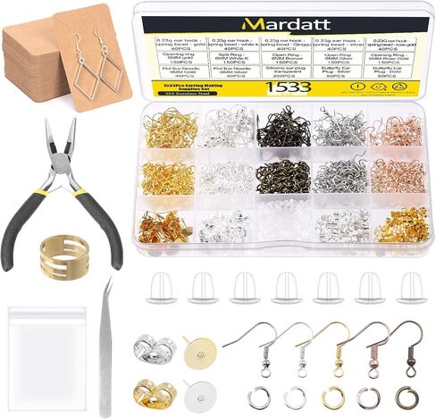 Mardatt 1533Pcs Earring Making Kit Includes 5 Colors Earring Hooks, Jump Rings, Pliers, Earrings Holder Cards, Silicone Earring Backs Stoppers, Earring Posts and Jewelry Pliers for Jewelry Making Repa in Saudi Arabia