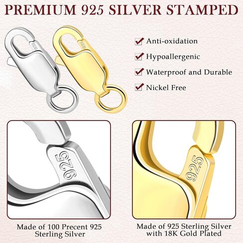 مشبك لوبستر من الفضة الاسترلينية عيار 925 من مودا كرافت، 6 قطع مع حلقات وصل مغلقة، مشابك لوبستر ايطالي مضادة للحساسية لصنع القلائد والاساور والمجوهرات (3 فضي 3 ذهبي، 0.47 × 0.15 انش) in Kuwait