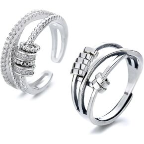 ERLOSYA 2pcs Fidget Band With Beads Spinner Rings for Women,Anti Anxiety Ring Stainless Steel Ring Sand Blast Finish.Unisex Adjustable Stacking Worry Ring