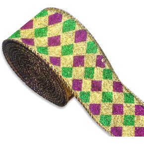 Mardi Gras Wired Edge Ribbons 2.5" 10 Yards, Purple Green Glitter Wired Edge Burlap Ribbon Dots Gold Wrapping Ribbon for Mardi Gras Carnival Party Wrapping DIY Craft Decoration Wreaths Bow