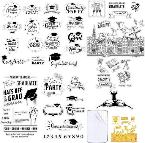 6 Sheets Graduation Silicone Clear Stamps Seal Set Acrylic Stamp Blocks Tools with Grid Lines DIY Scrapbooking Crafts Making Simply Rubber Stamps for Cards Congratulations Graduate in Saudi Arabia