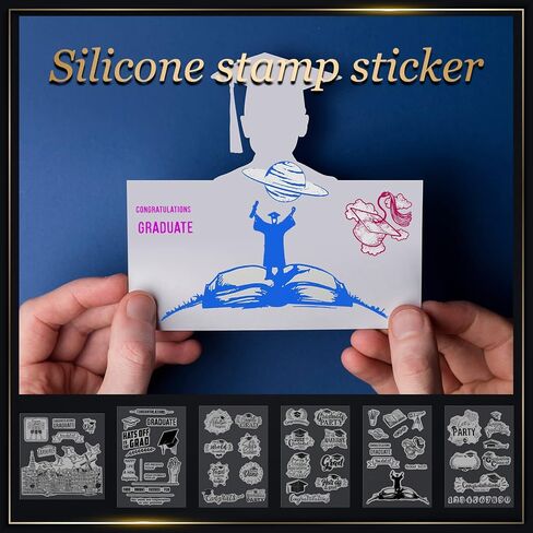 6 Sheets Graduation Silicone Clear Stamps Seal Set Acrylic Stamp Blocks Tools with Grid Lines DIY Scrapbooking Crafts Making Simply Rubber Stamps for Cards Congratulations Graduate in Saudi Arabia