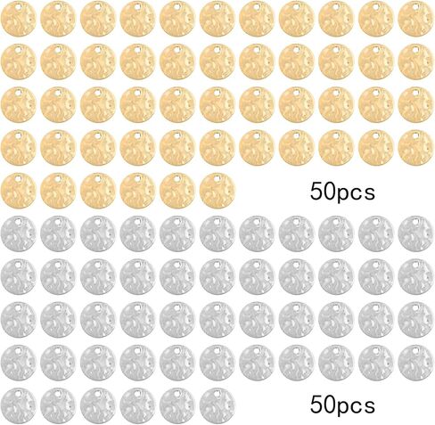 100 قطعة 10 ملم من الستانلس ستيل مسطحة مستديرة للعملات المعدنية، اقراص ختم فارغة بنمط مموج منسوج لصنع الاساور والاقراط والمجوهرات هدية الكريسماس، لونين in Kuwait