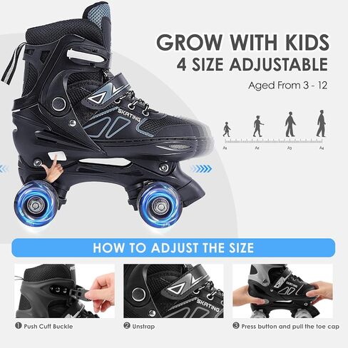 Kids Roller Skates, Adjustable Size Girl Roller Skates for Kids Beginner, Toddlers Roller Skate with 8 Light Up Wheels, Outdoor Roller Skating for Boys, Girls, Skating Shoes for Ages 3-12 in Kuwait