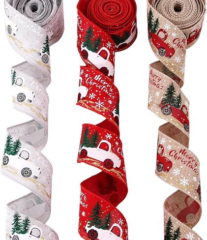 auwiyd شريط عيد الميلاد المطبوع شرائط الخيش عيد الميلاد الكلاسيكية التفاف شجرة عيد الميلاد الشريط DIY بها بنفسك عيد الميلاد هدية المنزل التفاف الزفاف الديكور 3 لفة 6.56 ياردة in Kuwait