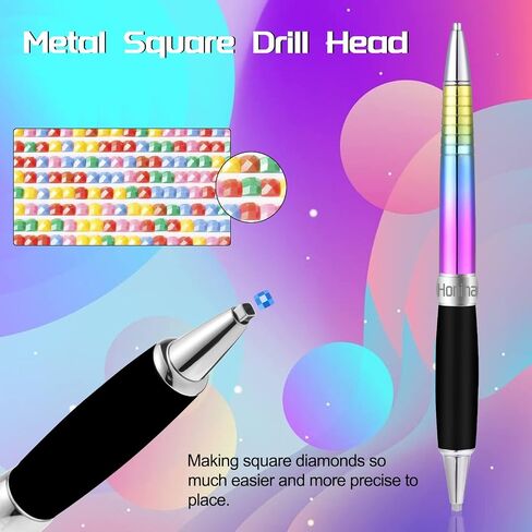 Honiha Square Diamond Art Painting Pen, Ergonomic Diamond Art Pen, Metal Diamond Art Drill Pens with Square and Round Drill Head Plus Multiplacer Tips, Comfort Grip 5D Diamond Art Tools Pen (Rainbow) in Kuwait