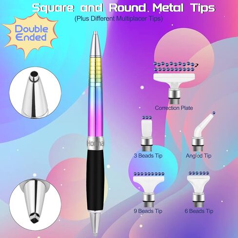 Honiha Square Diamond Art Painting Pen, Ergonomic Diamond Art Pen, Metal Diamond Art Drill Pens with Square and Round Drill Head Plus Multiplacer Tips, Comfort Grip 5D Diamond Art Tools Pen (Rainbow) in Kuwait