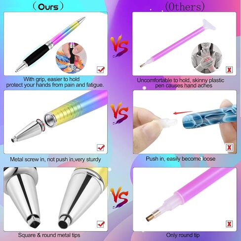 Honiha Square Diamond Art Painting Pen, Ergonomic Diamond Art Pen, Metal Diamond Art Drill Pens with Square and Round Drill Head Plus Multiplacer Tips, Comfort Grip 5D Diamond Art Tools Pen (Rainbow) in Kuwait