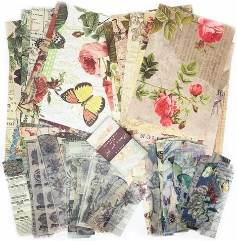 Koolemon 200 قطعة من لوازم سجل القصاصات، طقم ورق قصاصات على شكل فراشة زهرة 120 ورقة ورق حرفي مزخرف مع 80 قطعة من ملصقات Vintange لمجلة Decoupage Junk Journal in Kuwait