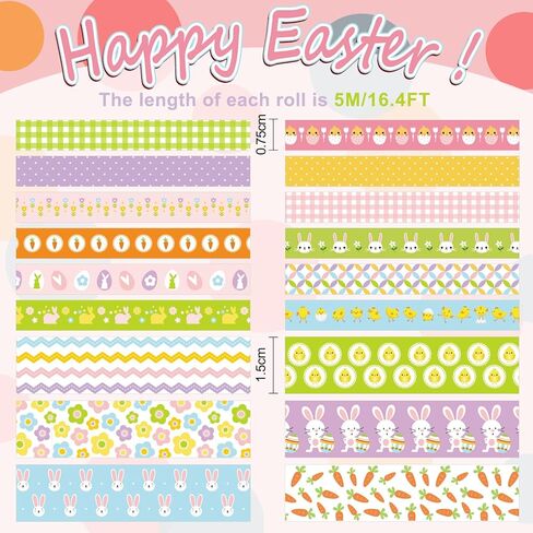 Whaline 18 Rolls Easter Washi Tape Colorful Masking Tape Cute Rabbit Bunny Carrot Chick Pattern Decorative Paper Stickers 2 Size for Easter Birthday Holiday Scrapbook DIY Craft Gift Wrapping, 16.4Ft in Kuwait