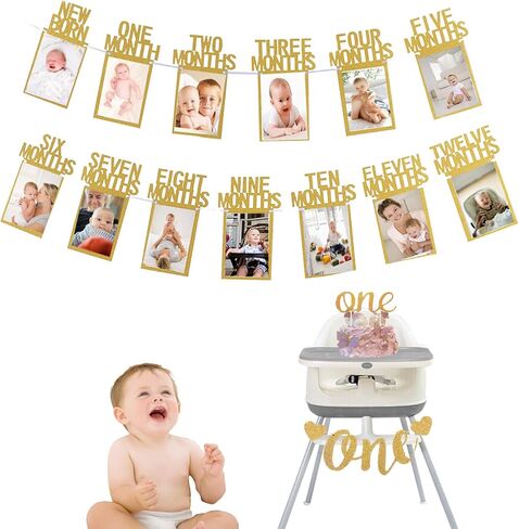 1st Birthday Photo Banner & Decorations - Monthly Milestone Photograph Bunting Garland with First Birthday Cake Topper & High Chair Banner in Kuwait