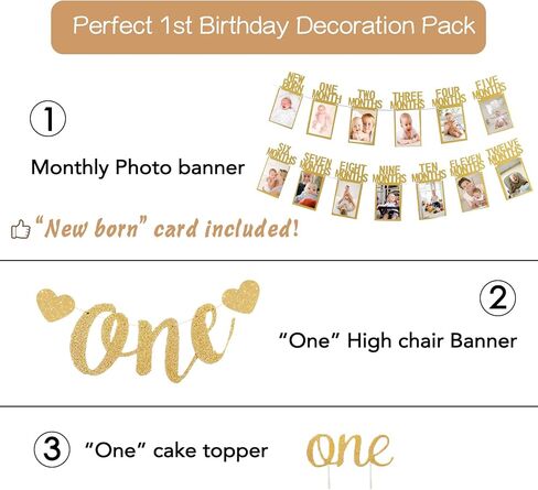 1st Birthday Photo Banner & Decorations - Monthly Milestone Photograph Bunting Garland with First Birthday Cake Topper & High Chair Banner in Kuwait