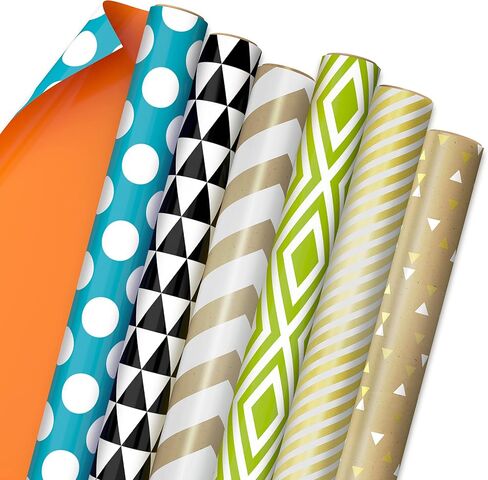 Hallmark Reversible Wrapping Paper Bundle (6 Rolls: 150 Square Feet Total) Stripes, Chevron, Solid, Black & White, Gold, Green, Orange, Blue for Birthdays, Holidays, Any Occasion in Saudi Arabia