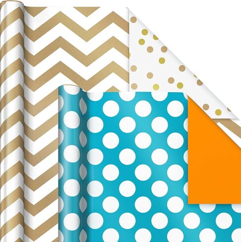 Hallmark Reversible Wrapping Paper Bundle (6 Rolls: 150 Square Feet Total) Stripes, Chevron, Solid, Black & White, Gold, Green, Orange, Blue for Birthdays, Holidays, Any Occasion in Saudi Arabia