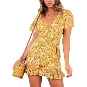 Relipop Summer Women Short Sleeve Print Dress V Neck Casual Short Dresses