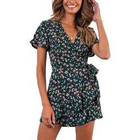 Relipop Summer Women Short Sleeve Print Dress V Neck Casual Short Dresses