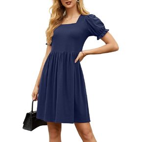 GRECERELLE Womens Summer Dresses Square Neck Ruffle Puff Sleeve A-Line Casual Mini Dress
