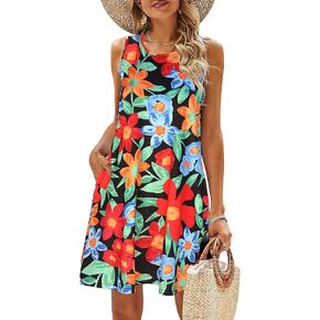 SimpleFun Summer Dresses for Women Beach Floral Tshirt Sundress Casual Pockets Boho Tank Dress